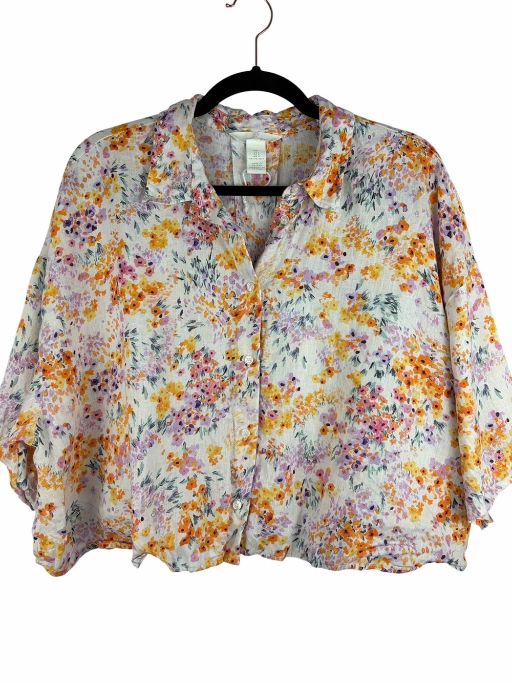 H&M 100% Linen Floral Button Front Shirt Large Cottagecore Oversized NWOT